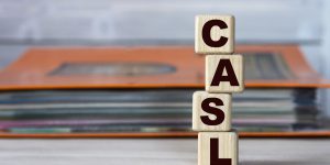 CASL - acronym on wooden cubes on the background of a folder with documents. Business and finance concept