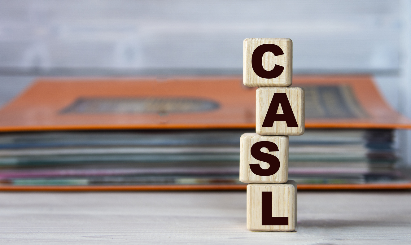 CASL - acronym on wooden cubes on the background of a folder with documents. Business and finance concept