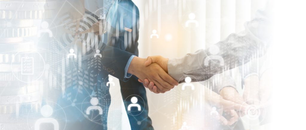 Double exposure of business handshake for successful of investment deal background, teamwork and partnership concept.connections concept.