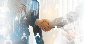 Double exposure of business handshake for successful of investment deal background, teamwork and partnership concept.connections concept.