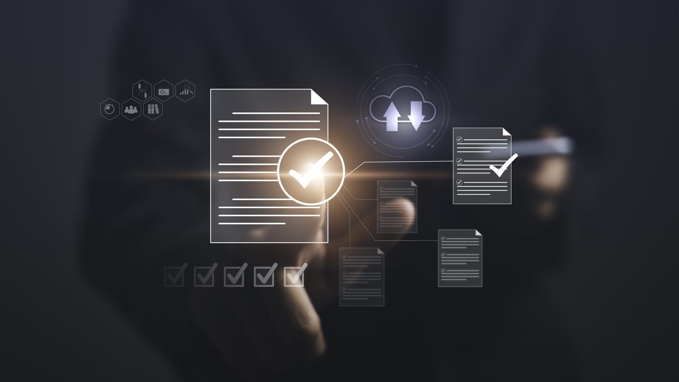 Digital checklist or Document Management System (DMS) concept. Businessman tick correct at checkbox sign for online approve and automated processes in file storage in digital cloud.