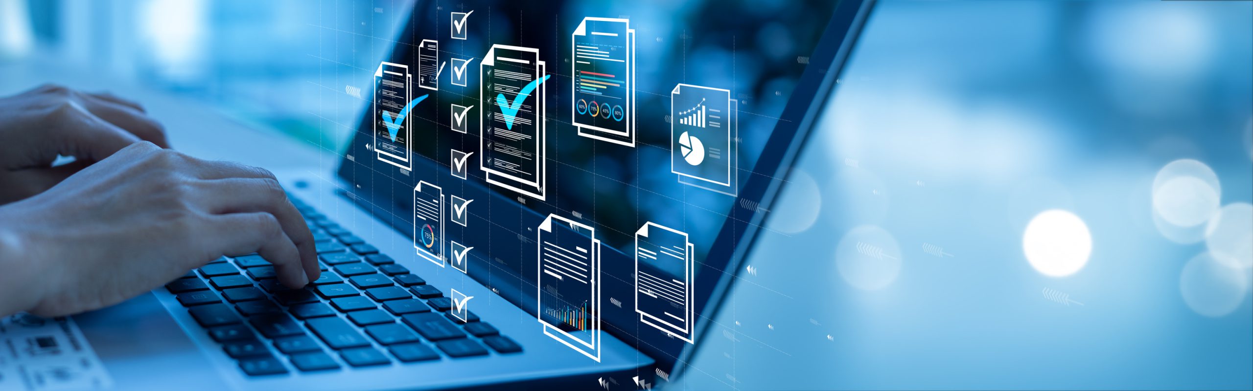 Document management concept, check electronic documents on digital documents on virtual screen Document Management System and process automation to efficiently document paperless operate