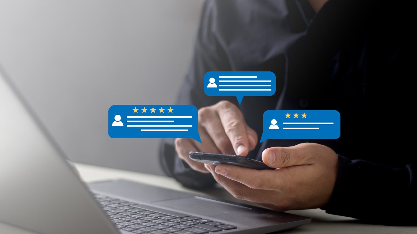 Customer review satisfaction feedback survey concept,User give rating to service experience on online application, Customer can evaluate quality of service leading to reputation ranking of business.