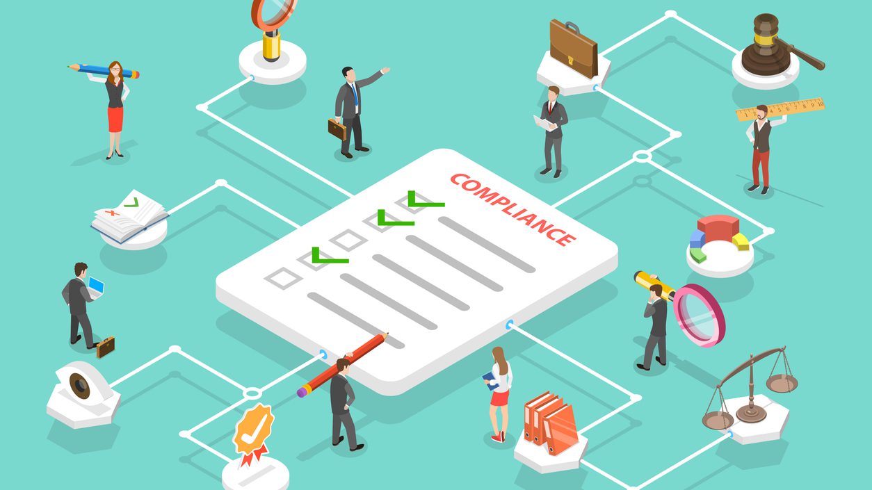 3D Isometric Flat Vector Conceptual Illustration of Regulatory Compliance, Steps That Are Needed to Be Complied With Relevant Laws, Policies and Regulations.