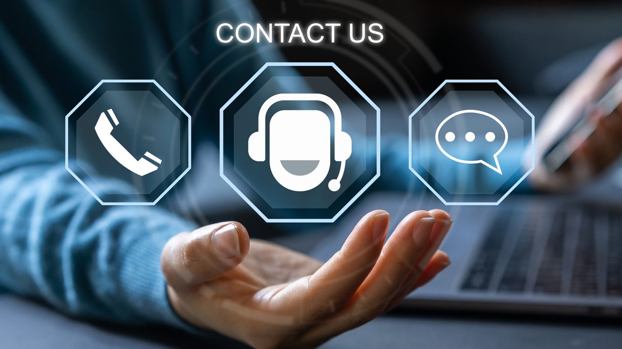 Human holding with call center on screen contact us, email, address, operator, customer, suppor, phone services agen, customer support hotline.contact us concept