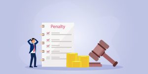 Penalty vector concept. Stressful businessman with penalty list and justice gavel