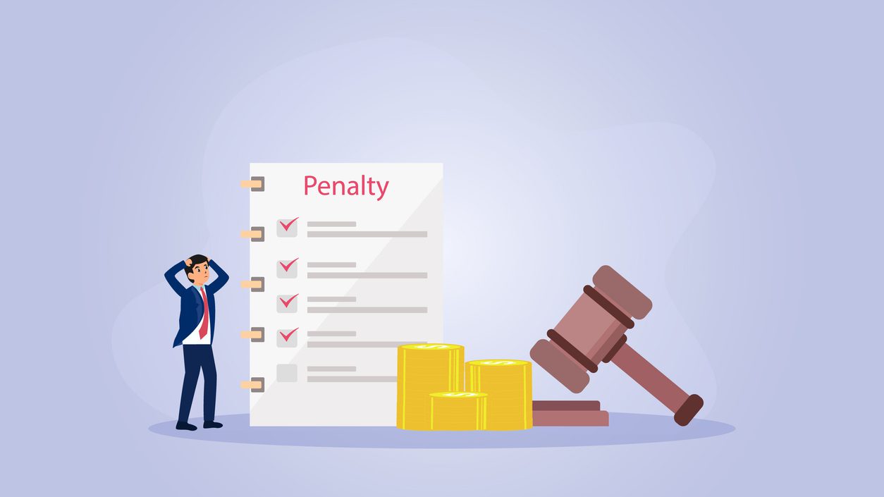 Penalty vector concept. Stressful businessman with penalty list and justice gavel