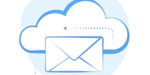 Email Cloud Service with online message concept. Cloud hosting communication with distance access to messages. Cloud-based email service storage flat design vector icon.