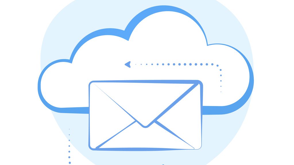 Email Cloud Service with online message concept. Cloud hosting communication with distance access to messages. Cloud-based email service storage flat design vector icon.