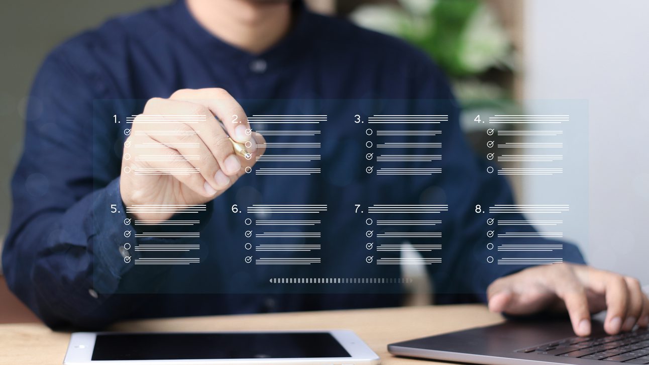 Business performance checklist, businessman doing online checklist survey, online survey, questionnaire, filling out digital form checklist, take an assessment, evaluation,