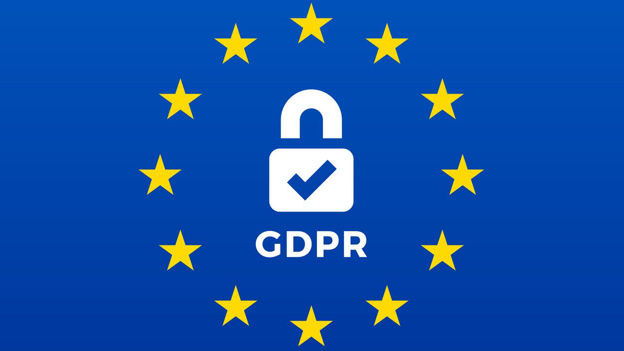 GDPR Compliance Concept. Privacy padlock with check mark symbol and European union flag vector illustration