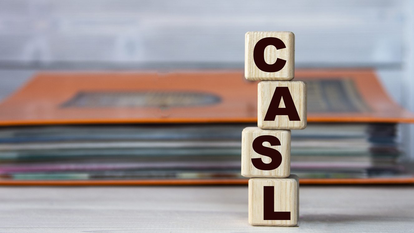 CASL - acronym on wooden cubes on the background of a folder with documents. Business and finance concept