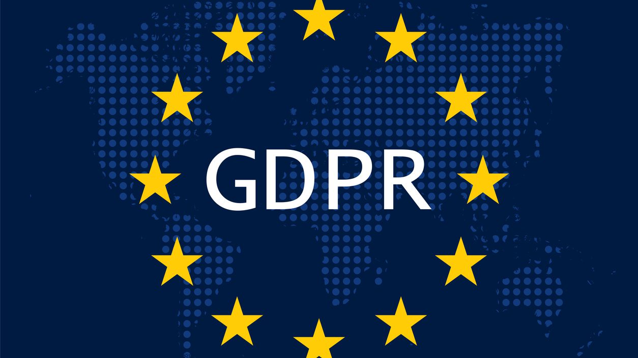 General Data Protection Regulation (GDPR) on blue dotted world map background