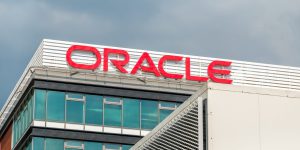 Logo of the Oracle company on a office building.