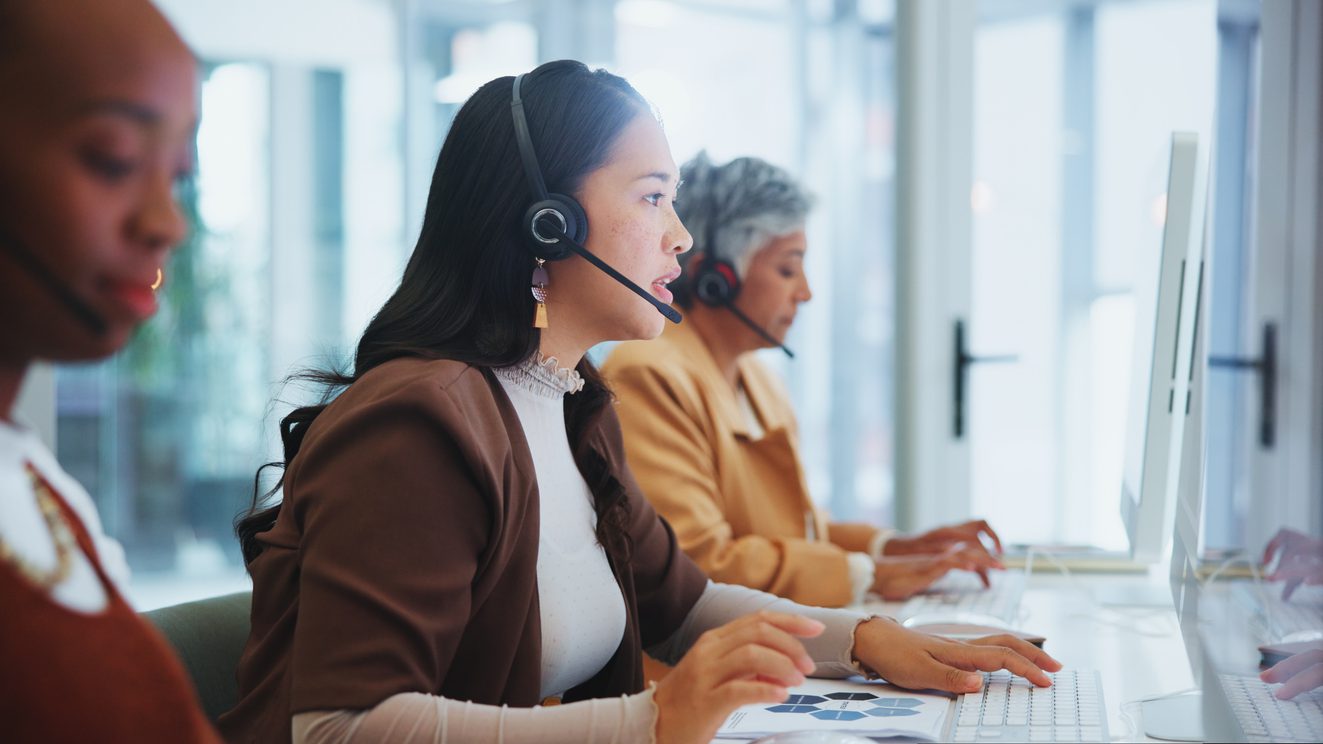 Woman, call centre and headphone for help in office, telemarketing or customer service of client online sales support. Female agent, offer advice and talk, telecom or solution by virtual guide